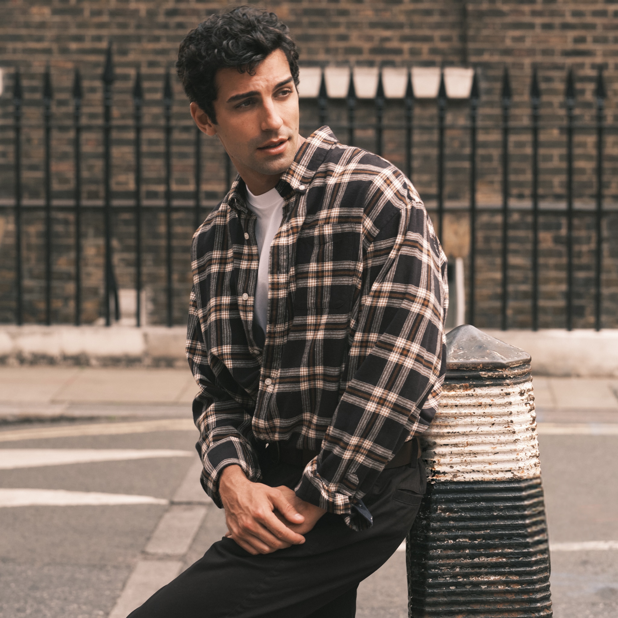 Model wears Jack & Jones Flannel Check Shirt - Black