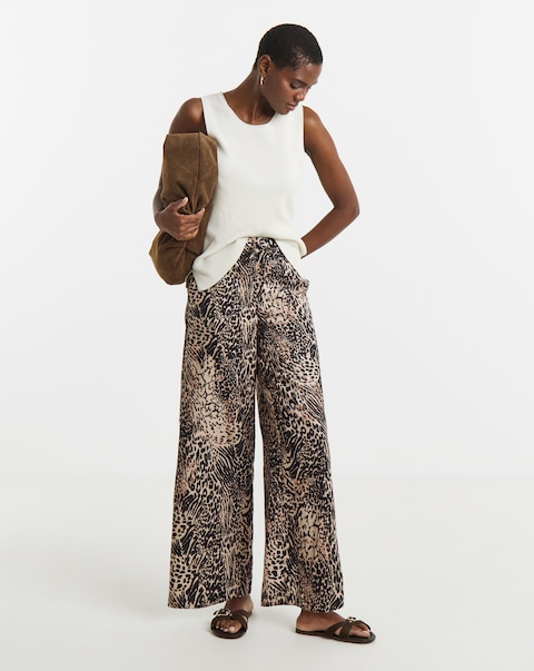 Animal Print Textured Wide Leg Trouser