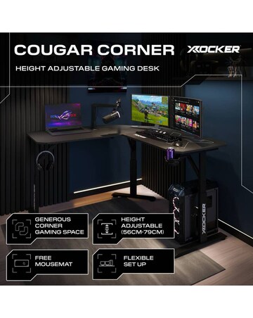 X Rocker Cougar 140cm Height Adjustable Corner Gaming Desk with Mousepad - Black