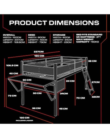 X Rocker Sanctum Mid Sleeper and Desk Gaming Combo - Black