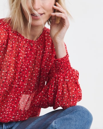 Red Ditsy Shirred Button Through Top