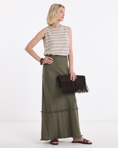 Khaki Linen Mix Frayed Hem Skirt