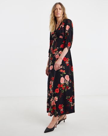 Black Floral Print Lace Trim Puff Sleeve Midi Tea Dress