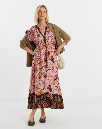 Pink Floral Border Print Frill Sleeve Maxi Dress
