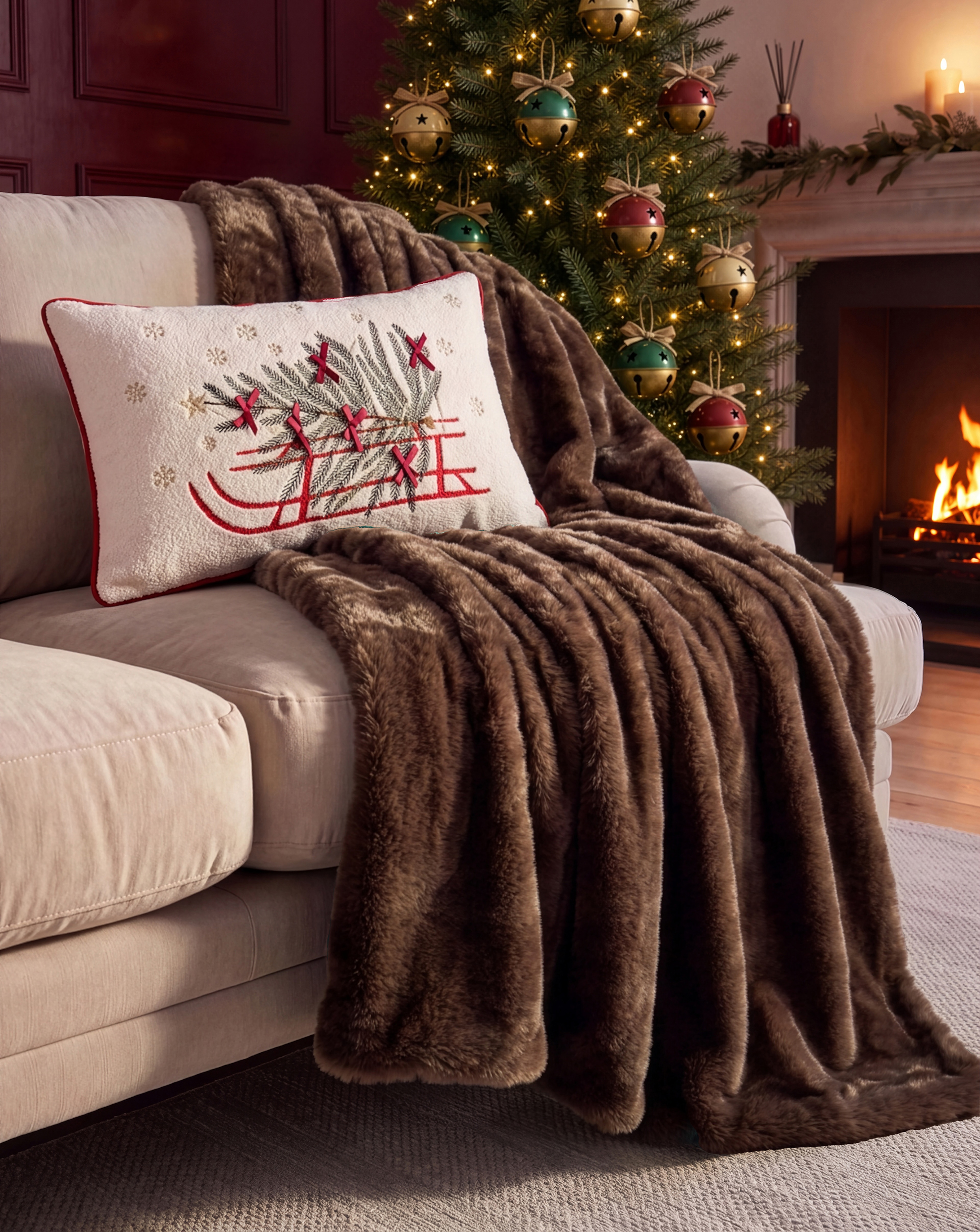 A cosy looking in living room with a Christmas tree in the corner. A beige sofa with a brown throw and Christmas themed cushion on it.