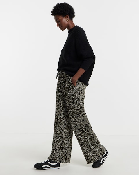 Khaki Print Textured Jersey Tie Waist Wide Leg Trouser