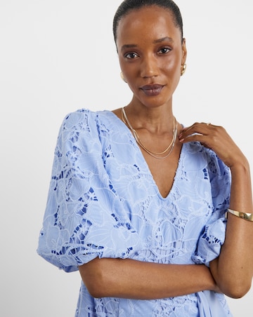 Joanna Hope Blouson Sleeve Belted Lace Dress