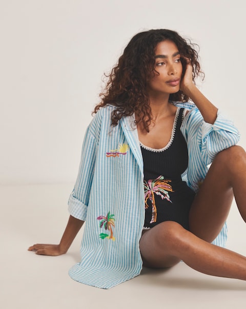 Stripe And Embroidered Button Up Cotton Beach Shirt
