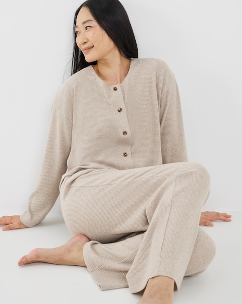 Figleaves Soft Knit Button Through Lounge Set Oatmeal