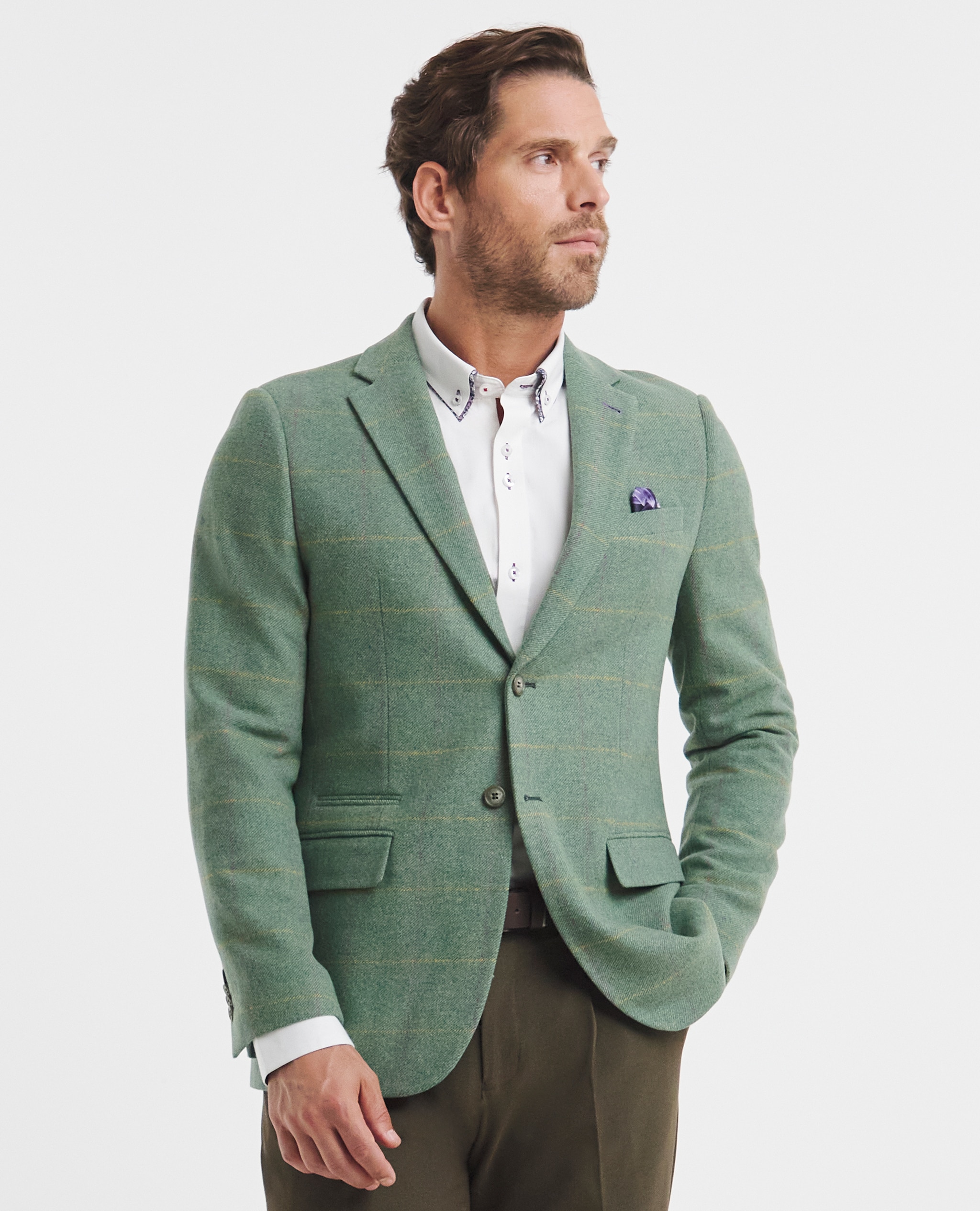 Model wears Green Suit Jacket