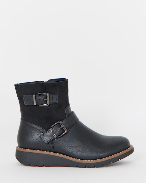 Cushion Walk Contrast Fabric Double Buckle Wedge Boots - Extra Wide Fit (EEE)