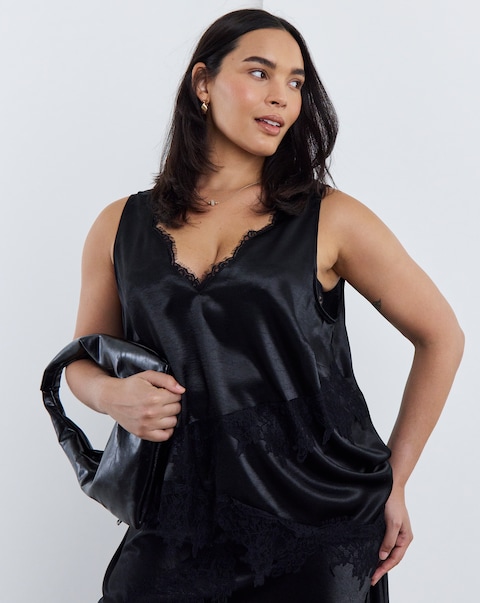 Simply Be Black Satin Lace Trim Cami Co Ord