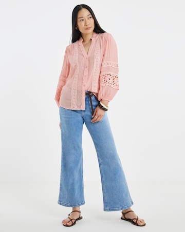 Lace Trim Button Through Prairie Blouse