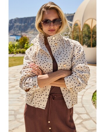 Sosandar Funnel Neck Polka Dot Denim Jacket With Gold Trims