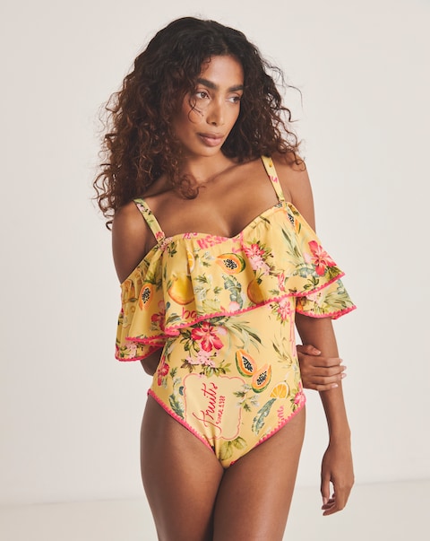 Figleaves Fruit Print Bardot Tummy Control Swimsuit