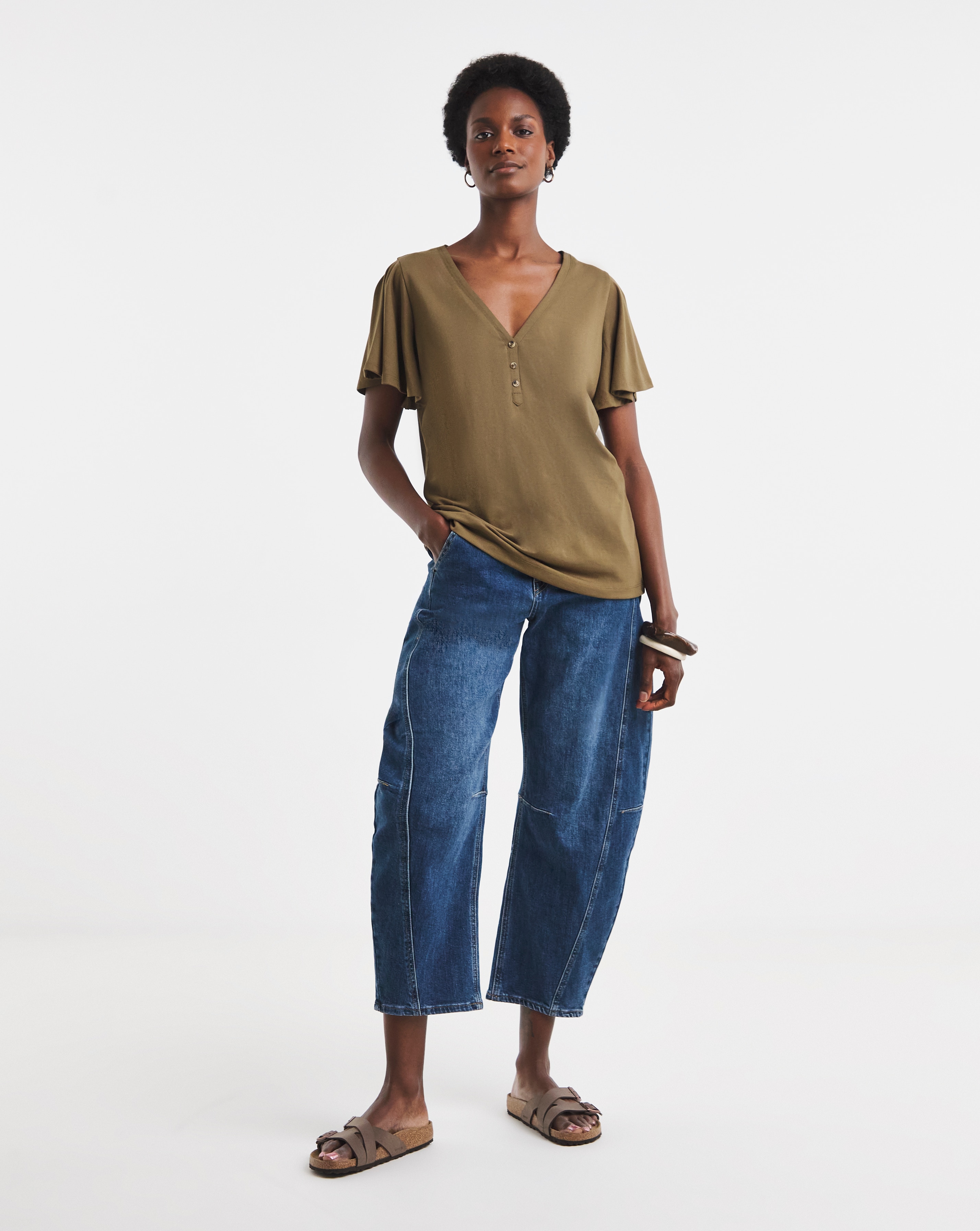 【Éclat】DANIEL VOLUME FRILL TOPS Khaki Button Front Frill Sleeve Top | JD Williams