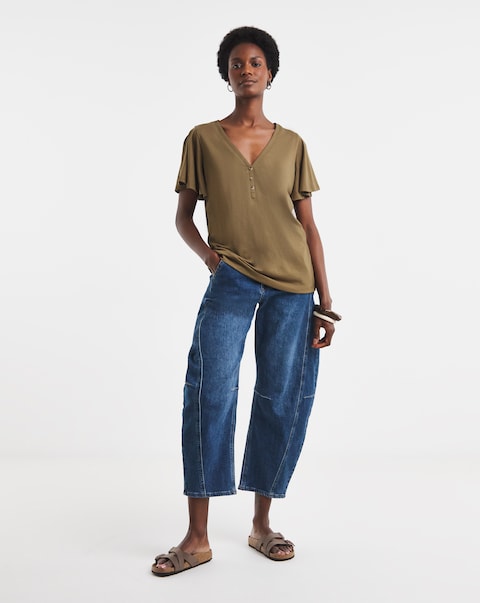 Khaki Button Front Short Sleeve Top