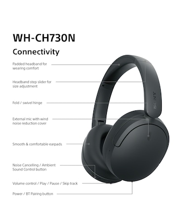 Sony WH-CH730N Wireless Noise Cancelling Over-Ear Headphones - Black