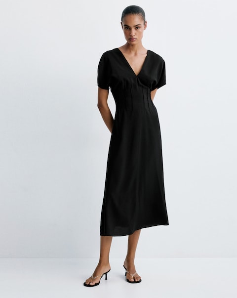Mango Ruched V-Neck Dress