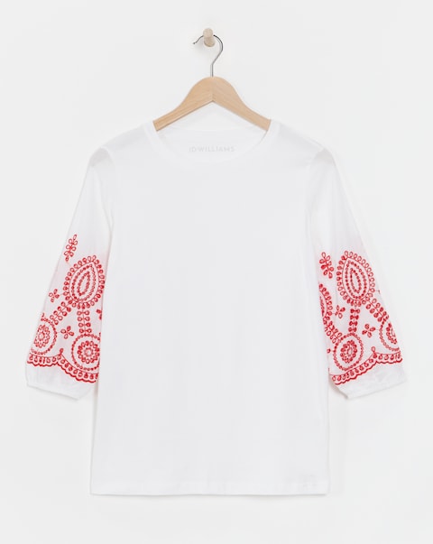 Pure Cotton Broderie 3/4 Length Sleeve Crew Neck Top