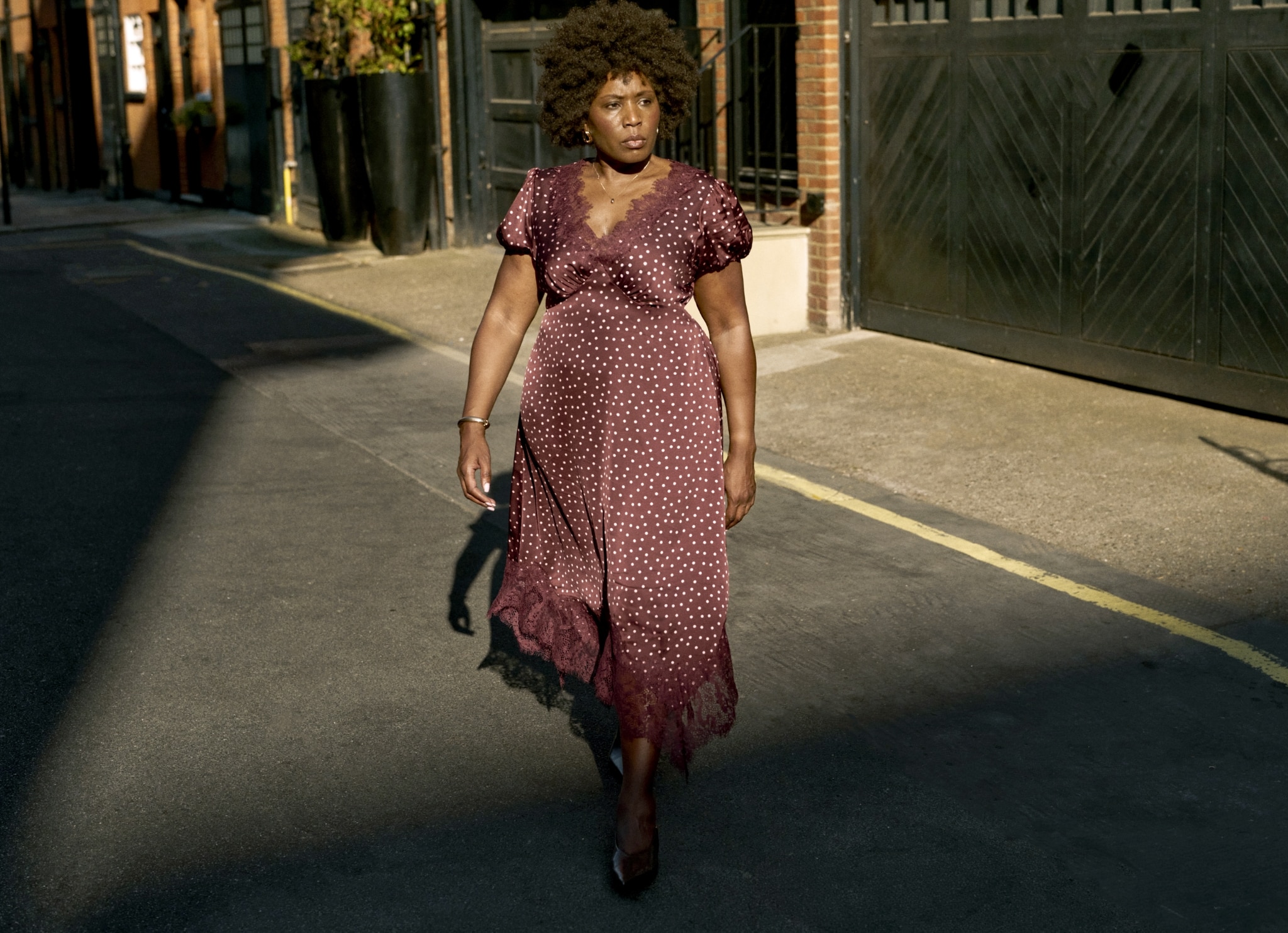 Woman Wearing Burgundy Spot Hanky Hem Lace Trim Dress