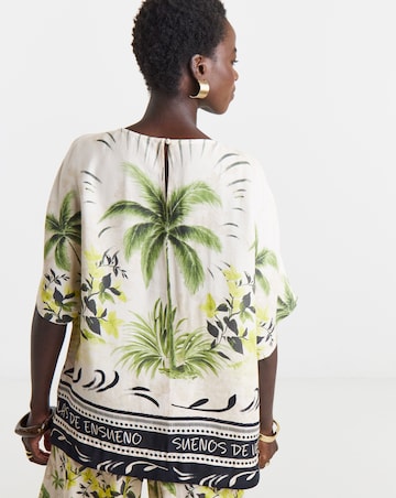 Palm Print Linen Mix Border Print Boxy Top