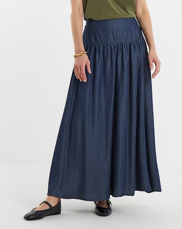 Dark Blue Pull On Tiered Lyocell Denim Maxi Skirt