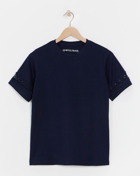 Pure Cotton Crew Neck Short Sleeve Lace Insert T-shirt