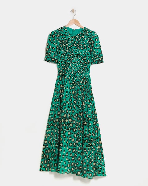 Whistles Painted Leopard Shirred Bodice Midi Dress