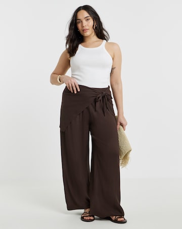 Simply Be Chocolate Crinkle Tie Waist Overlay Wide Leg Trouser