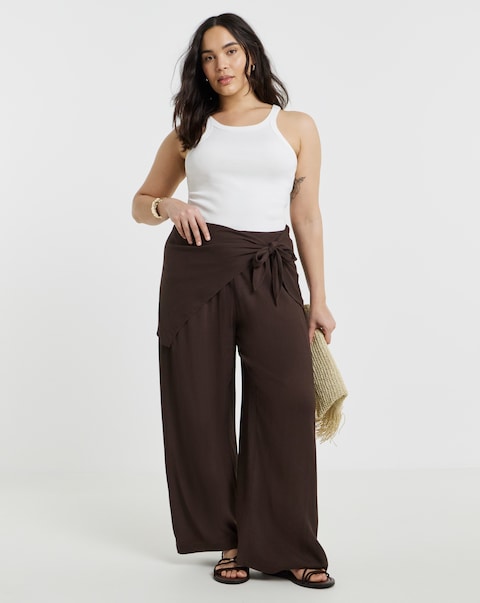 Simply Be Chocolate Crinkle Scarf Detail Wide Leg Trouser