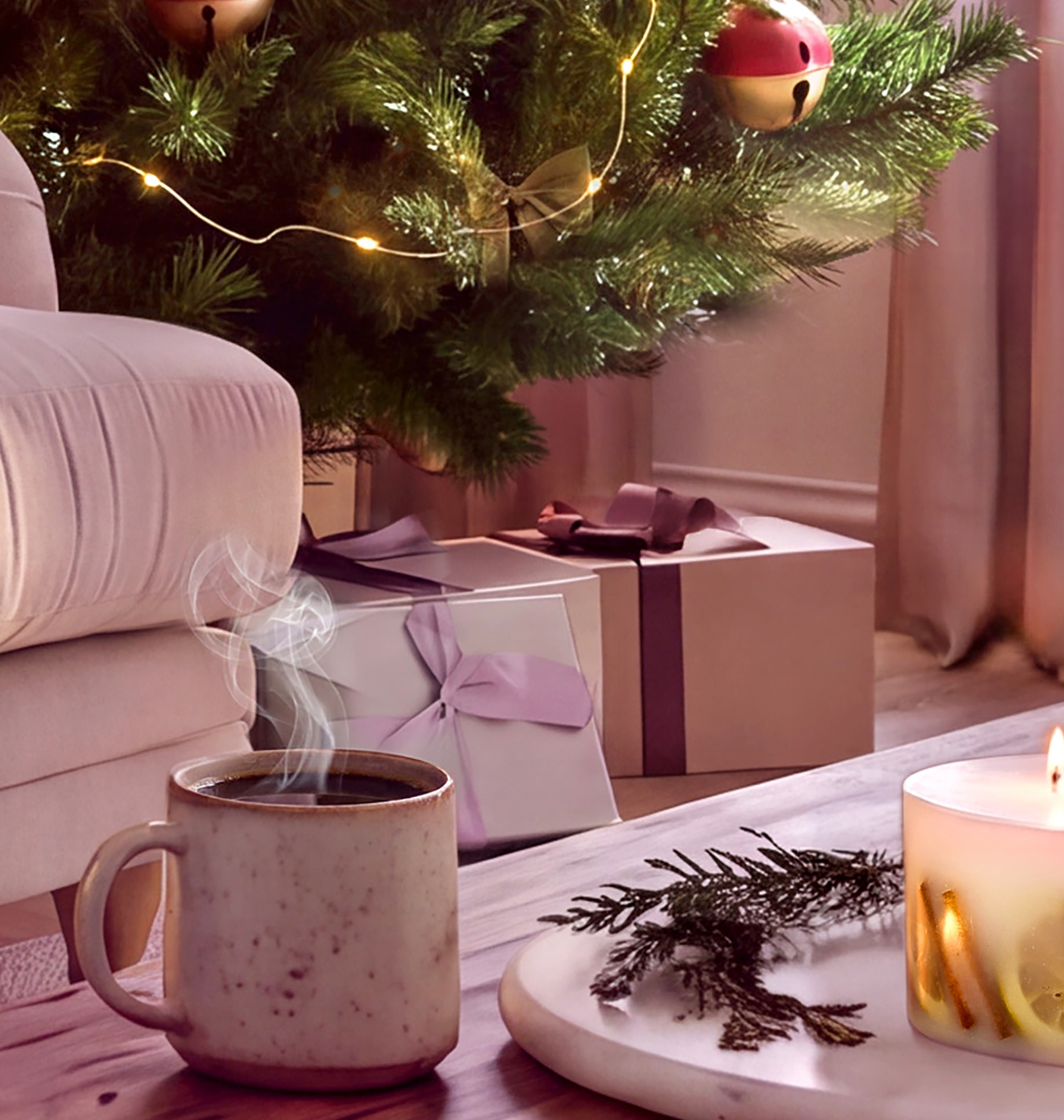 Christmas presents under a Christmas tree.