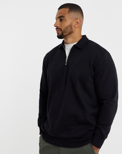 JACK & JONES Bradley Zip Sweat Polo - Black