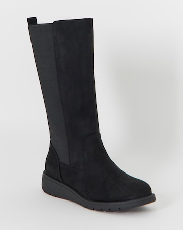 Cushion Walk Elasticated Back Wedge Calf Height Boots - Wide Fit (E)