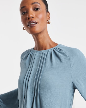 Blue Pintuck Peplum Long Sleeve Blouse