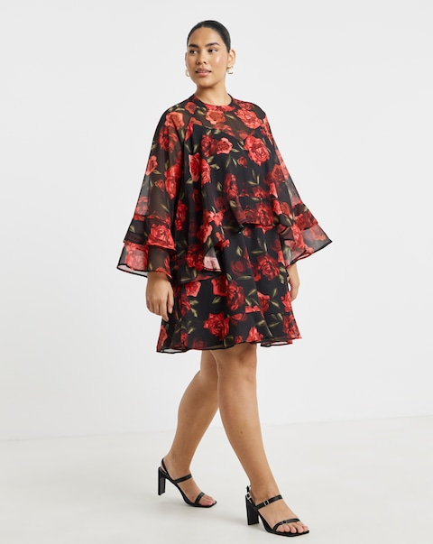 Simply Be Rose Print Frill Skater Dress