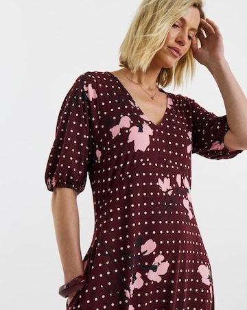 Burgundy Floral Puff Sleeve Jersey Tea Dress