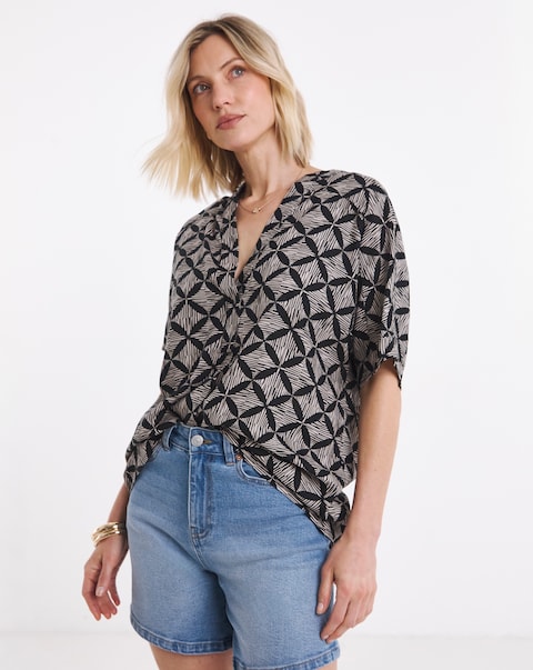 Printed Linen Mix Tunic Top