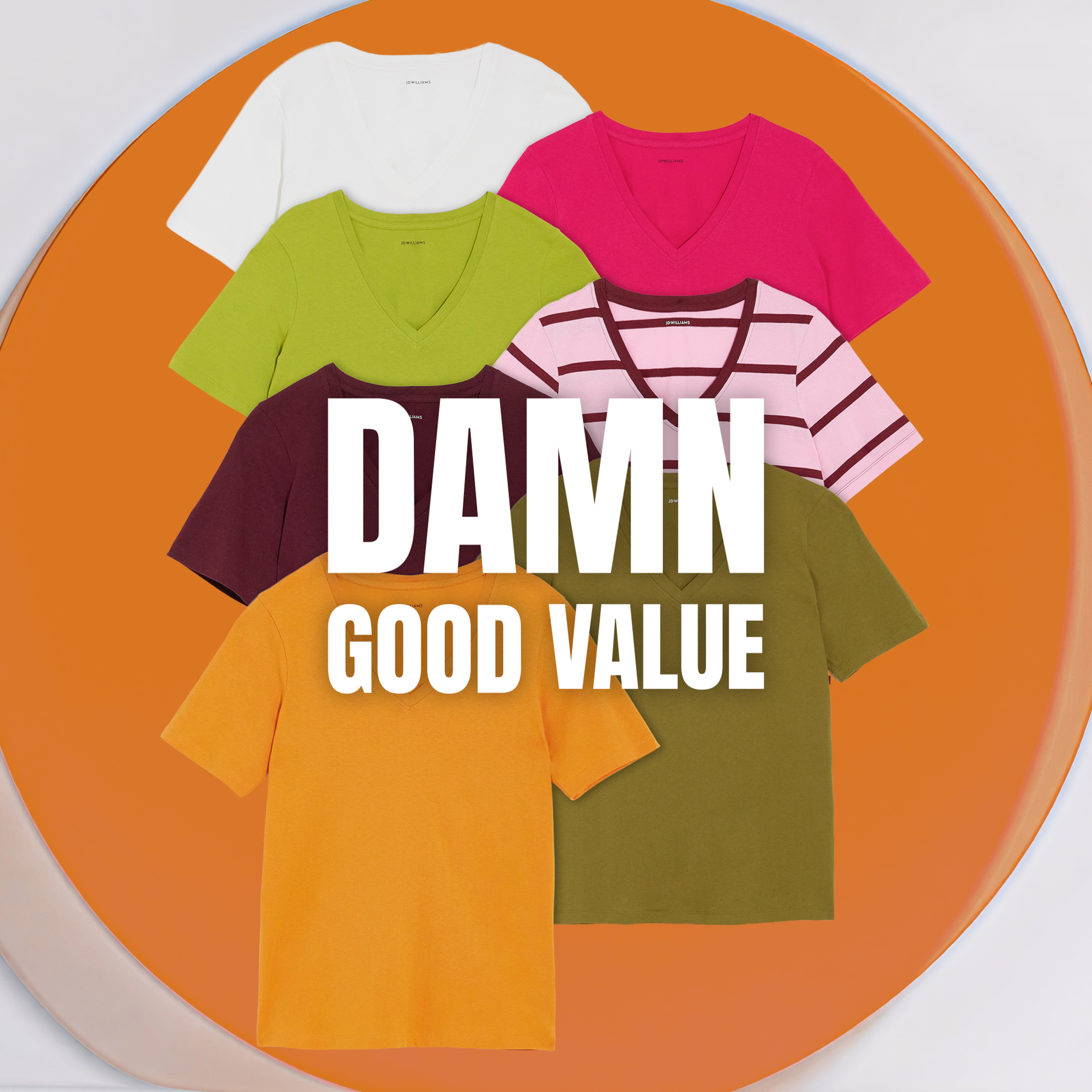 A 7 t-shirt multipack in different colours laid out on a big orange circle.