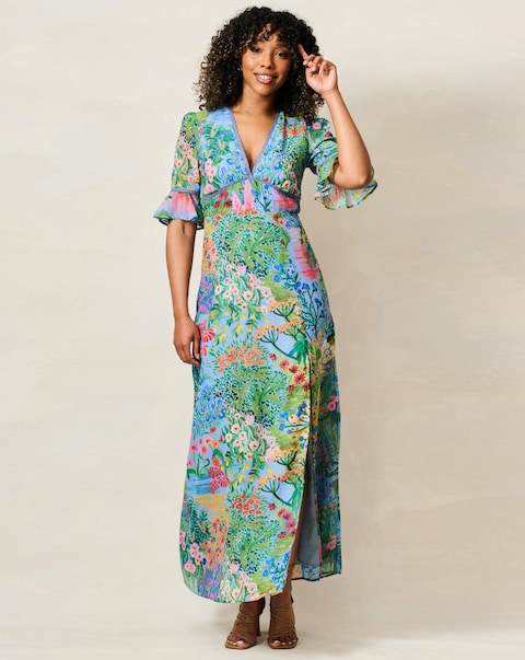 Hope & Ivy Hazel Frill Sleeve Thigh Split Open Back Maxi Dress With Lace Trim