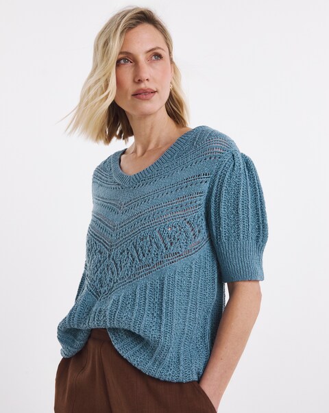 Blue Crochet V Neck Short Sleeve Jumper