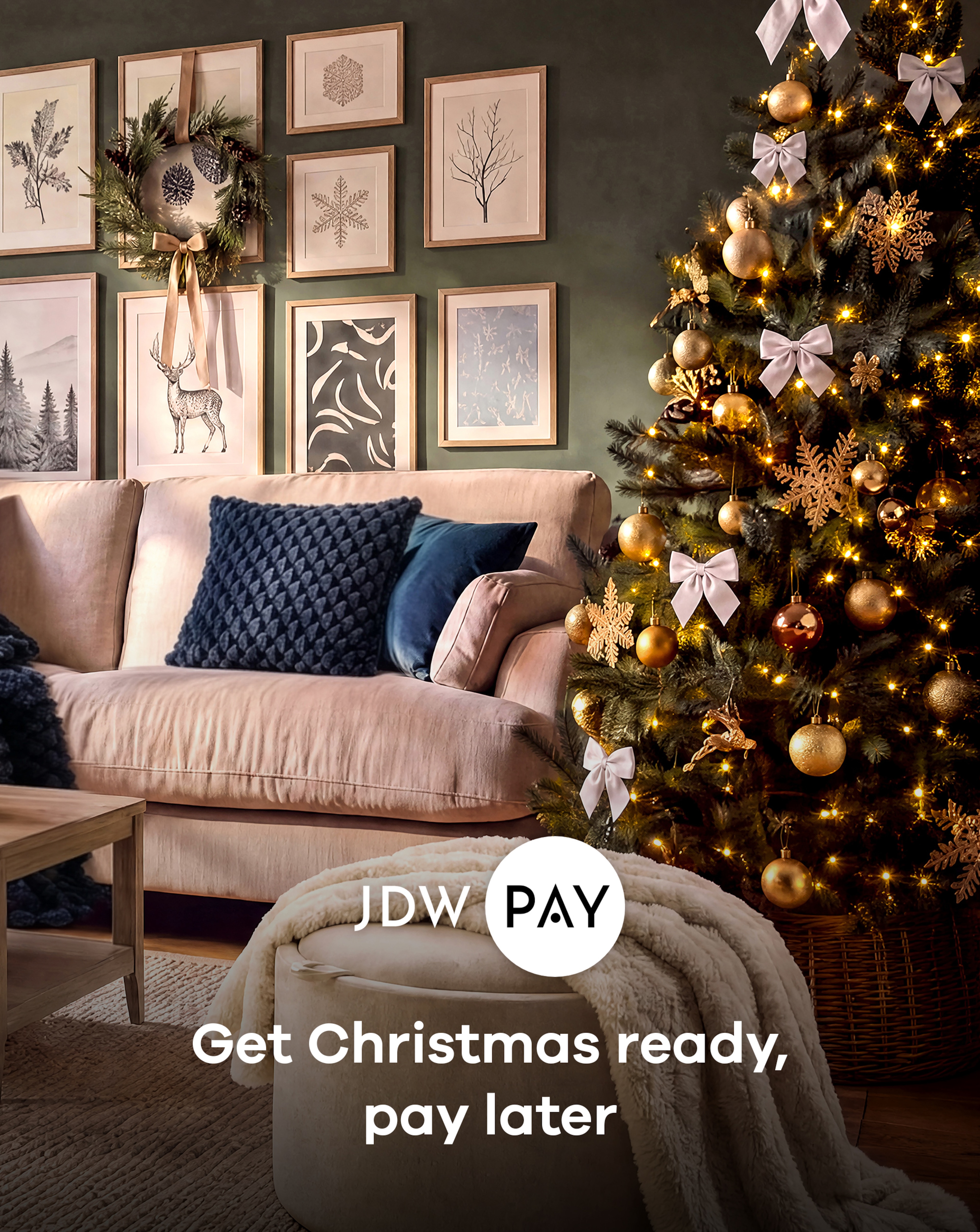 A living room with green walls  with lots of gold picture frames on. A Christmas tree on the right side with lots of gold decorations on it.
