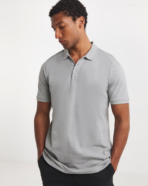 Pure Cotton Marl Pique Polo Long Length- Charcoal