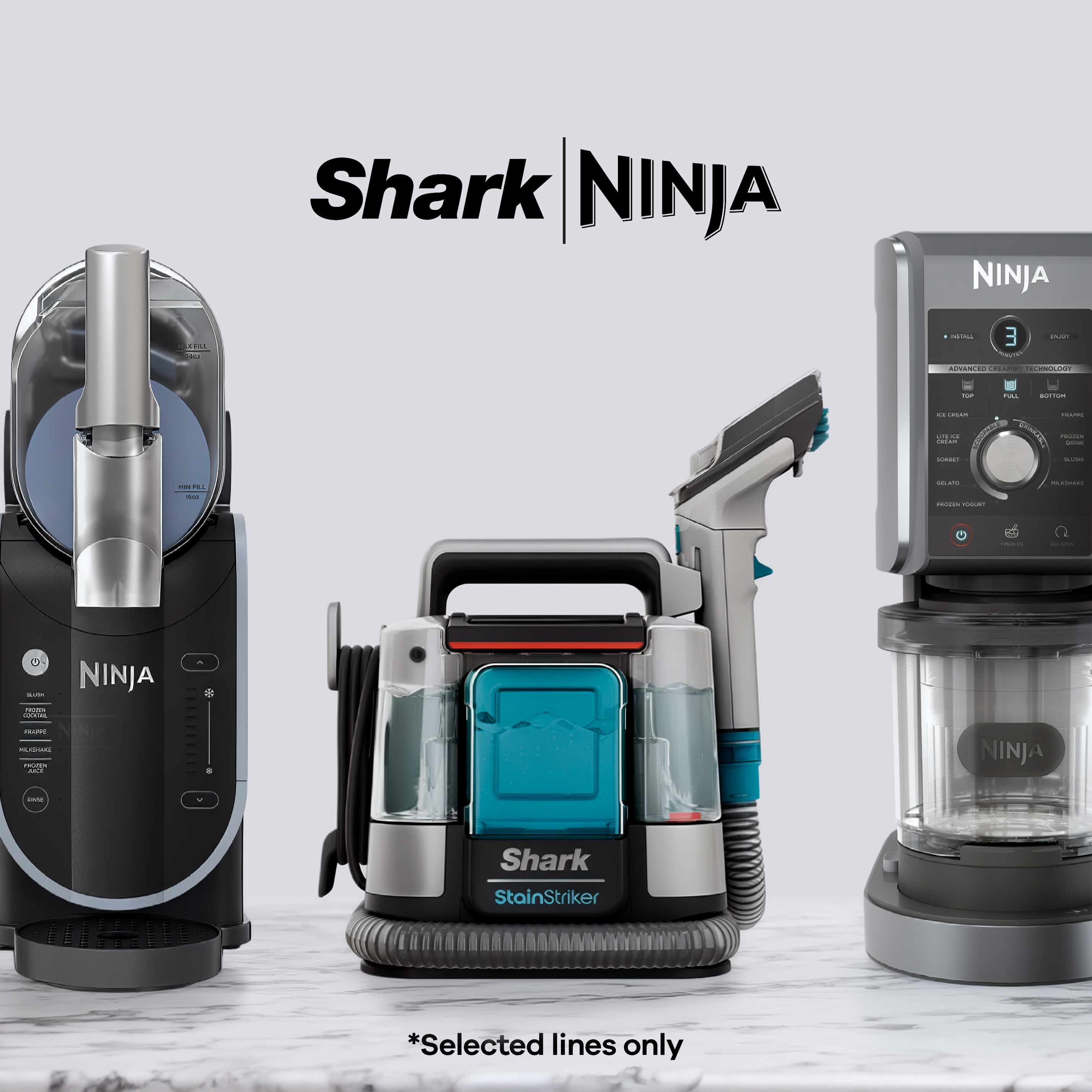 Shark and Ninja countertop appliances displayed side by side, including a drink maker, stain cleaner, and blender, with Shark | Ninja branding