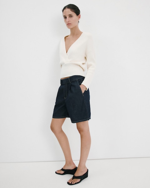 Mango Mid- Rise Denim Bermuda Shorts With Pleats