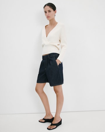 Mango Mid- Rise Denim Bermuda Shorts With Pleats