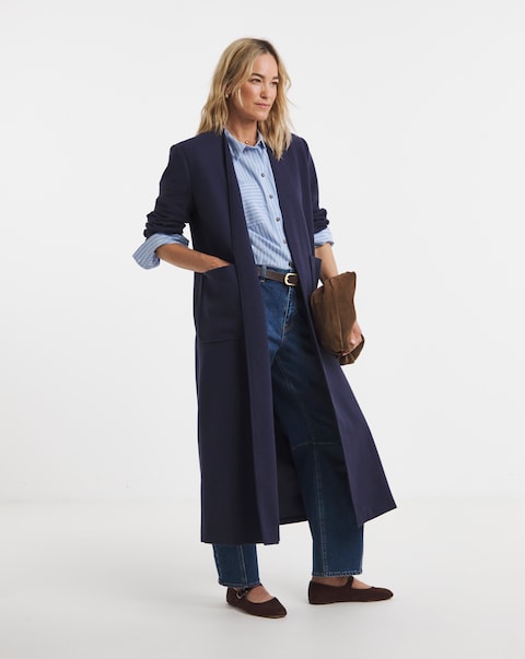 Navy Collarless Longline Coat