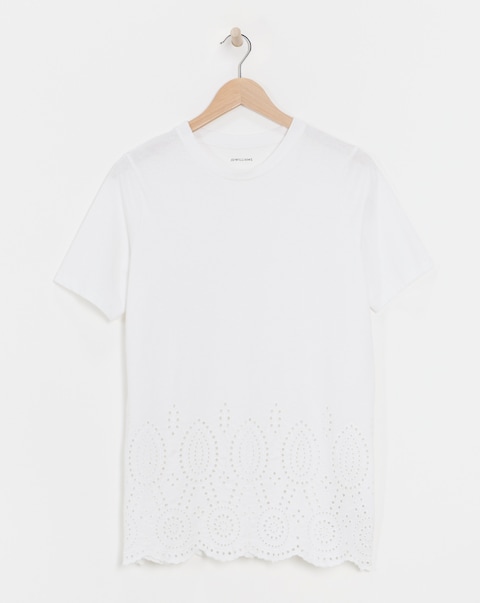Pure Cotton White Short Sleeve Broderie Hem Top