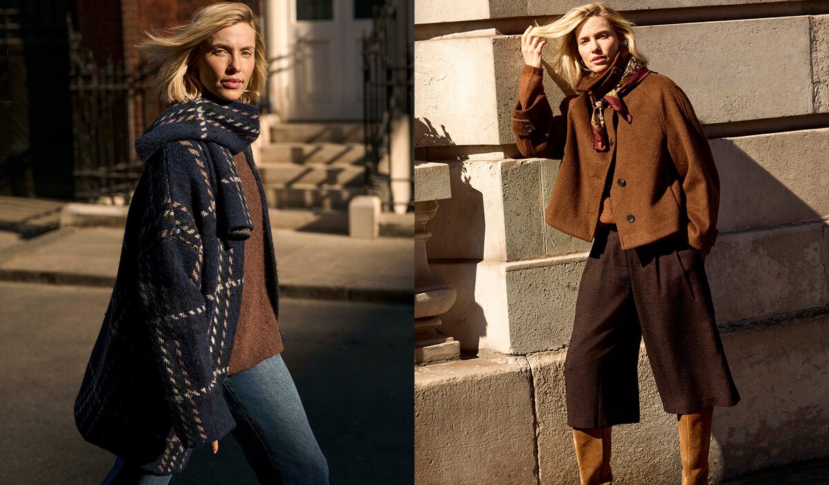 A woman wearing seasonal layered clothing.