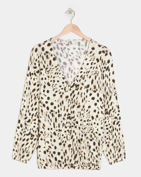 Leopard Wrap Long Sleeve Bubble Hem Top